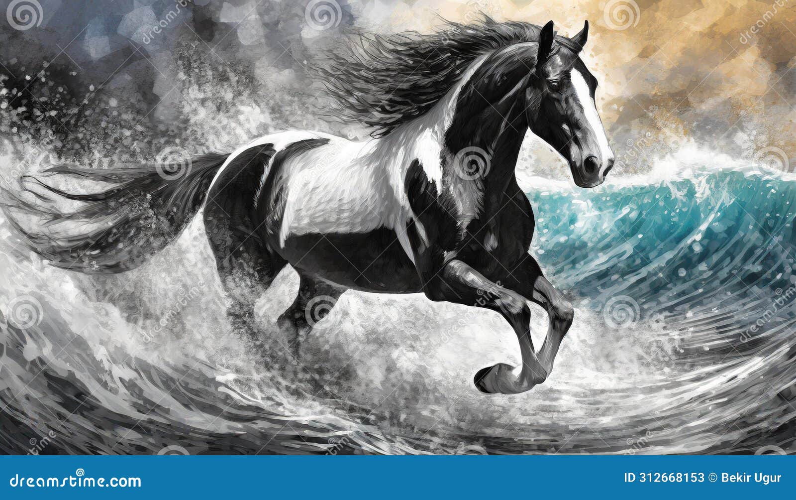 storm clydesdale: a majestic digital  of a black and white horse