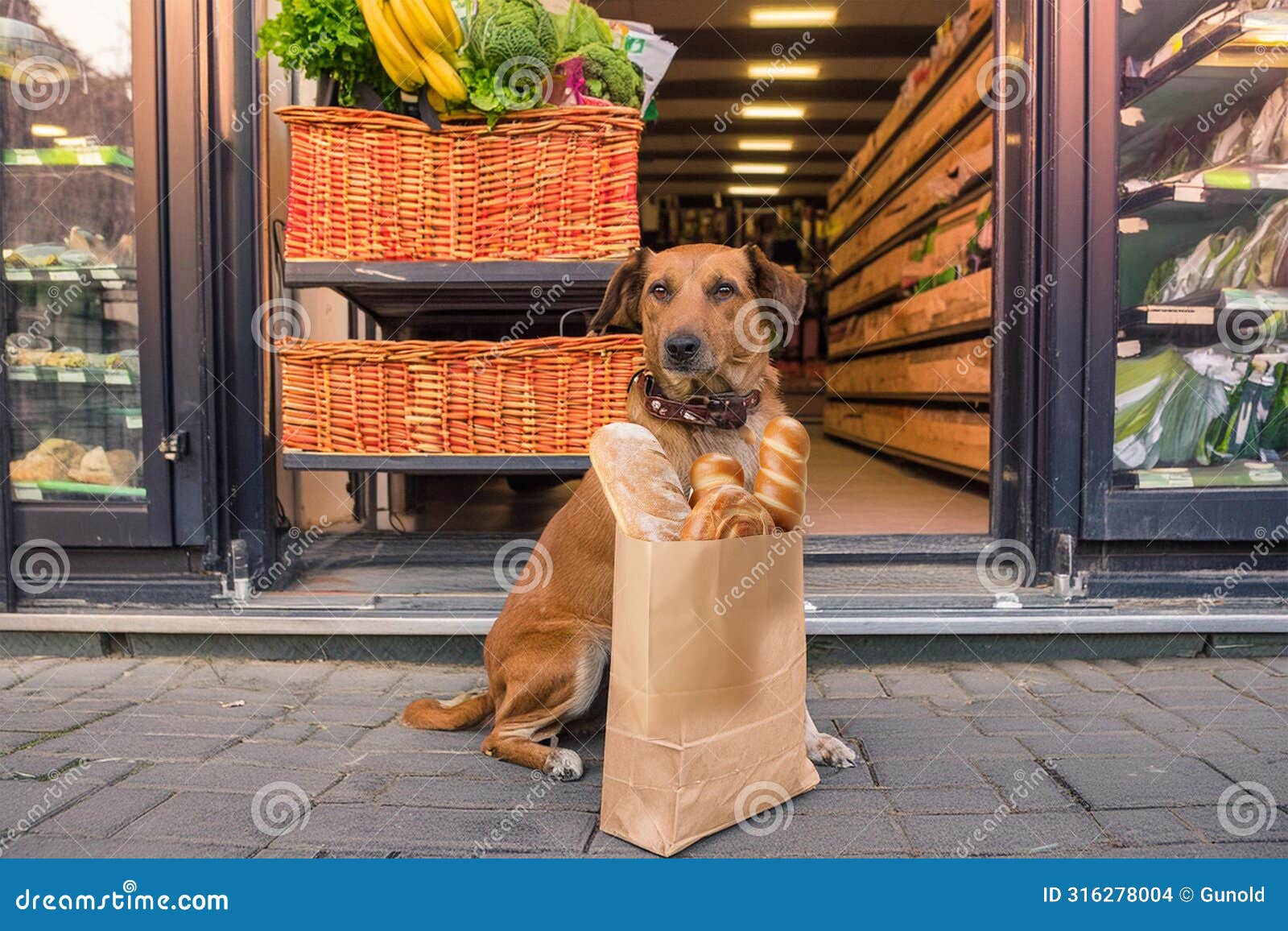 dog guards a paper bag full with bread