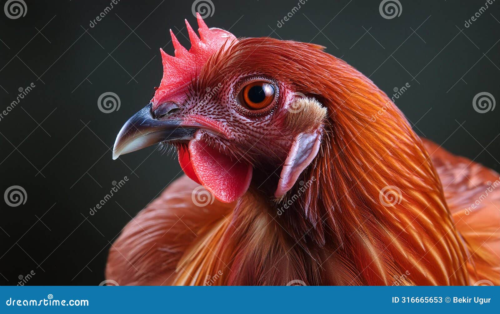 the hyper-realism of red chicken pure dark background