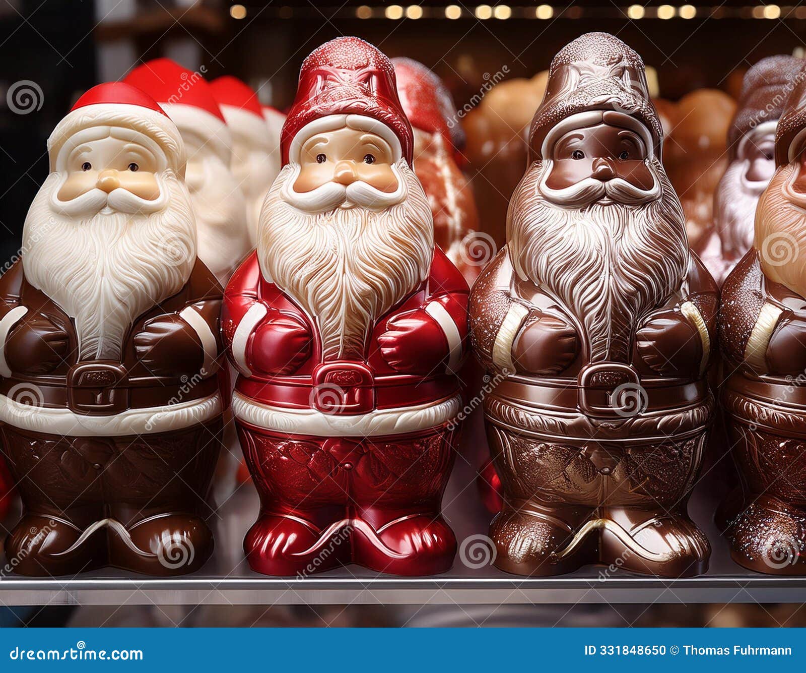 colorful chocolate santa claus on a supermarket shelf before christmas