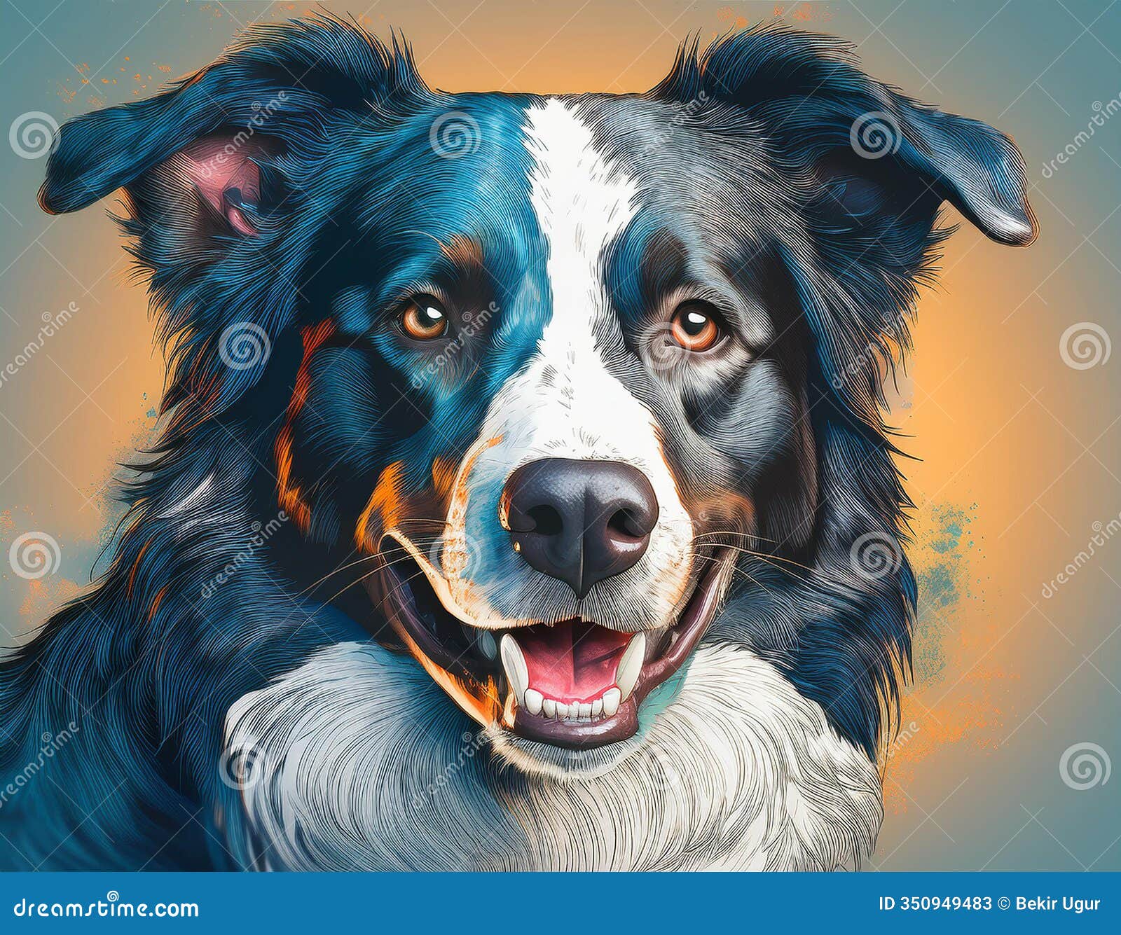 black and white border collie dog art style .