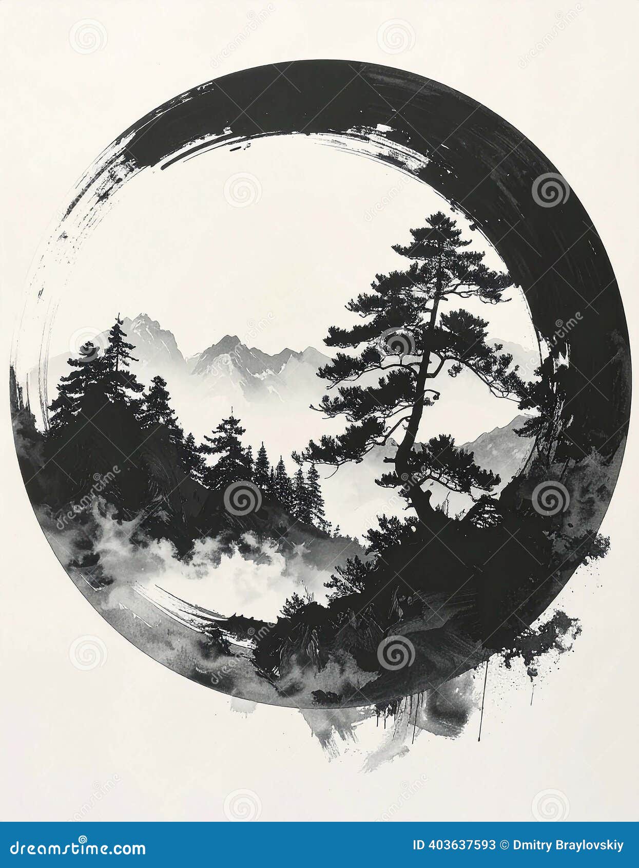 Japanese Sumi-e Moon and Pine Landscape in Crescent Frame