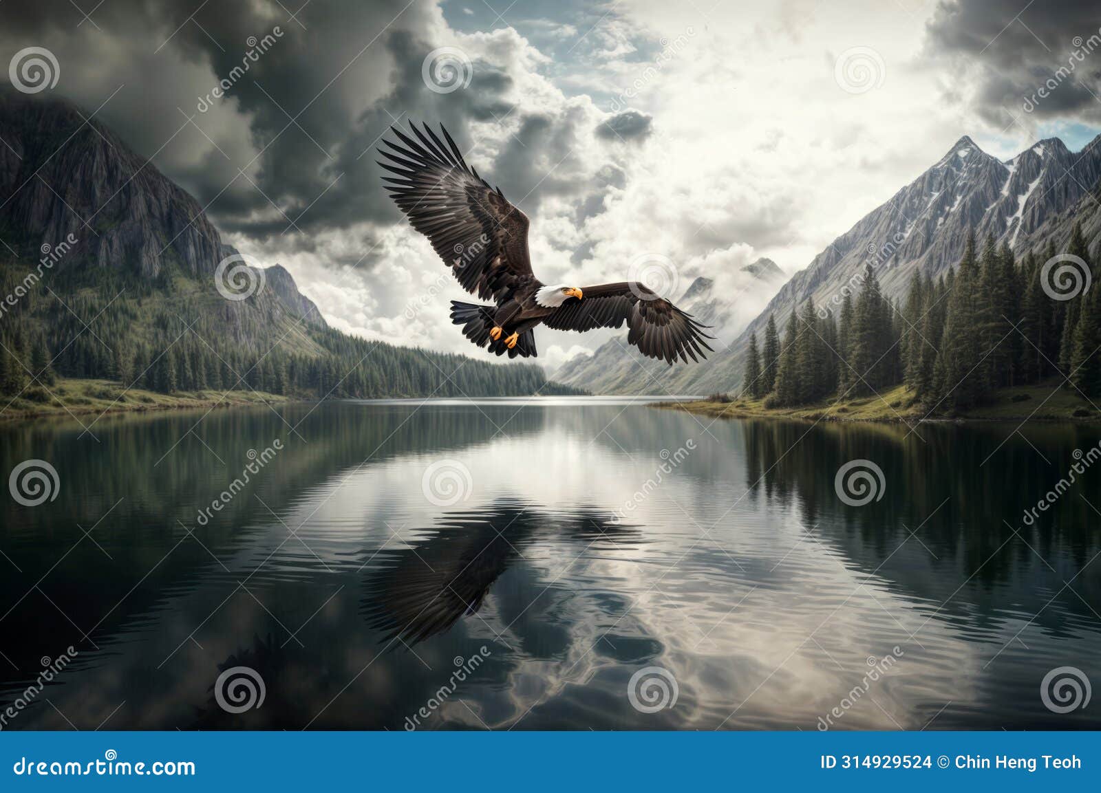 beautiful mountain landscape with eagle flying above the lake. nature background