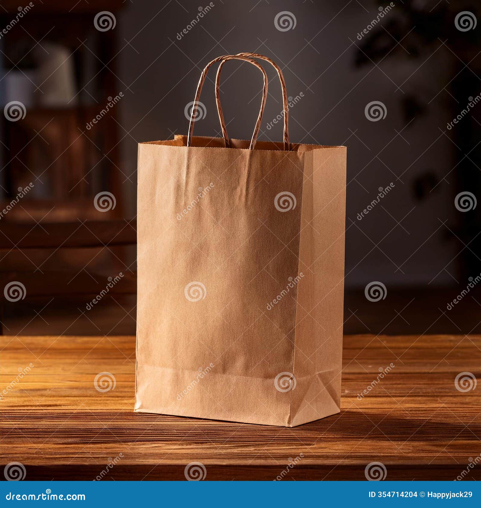 brown craft paper bag on wooden table surface, blank mockup. simple rustic  for eco friendly branding, retail packaging