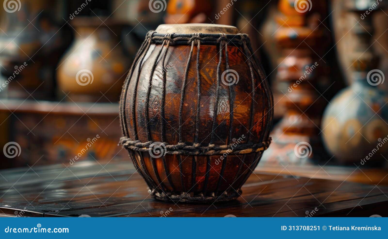 a crafted wooden "raban" drum, a traditional instrument used during sinhalese new year celebrations. the drum is
