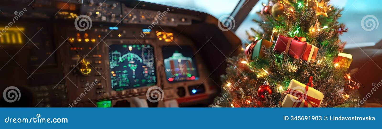 christmas tree with gifts inside a cocpit of an airplane.