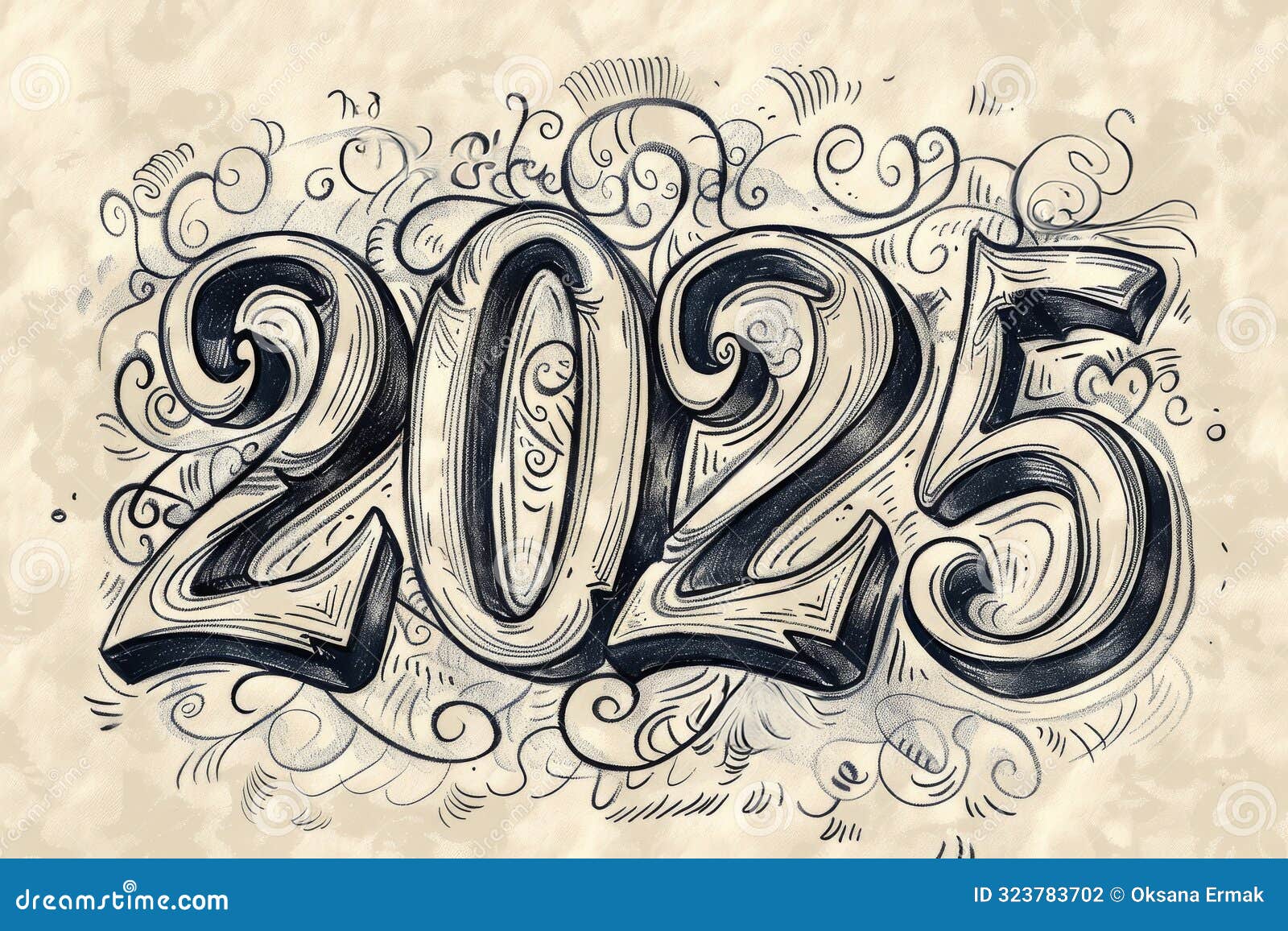 2025 Drawing Numbers, New Year Sketch Greeting Card, Doodle Celebrate