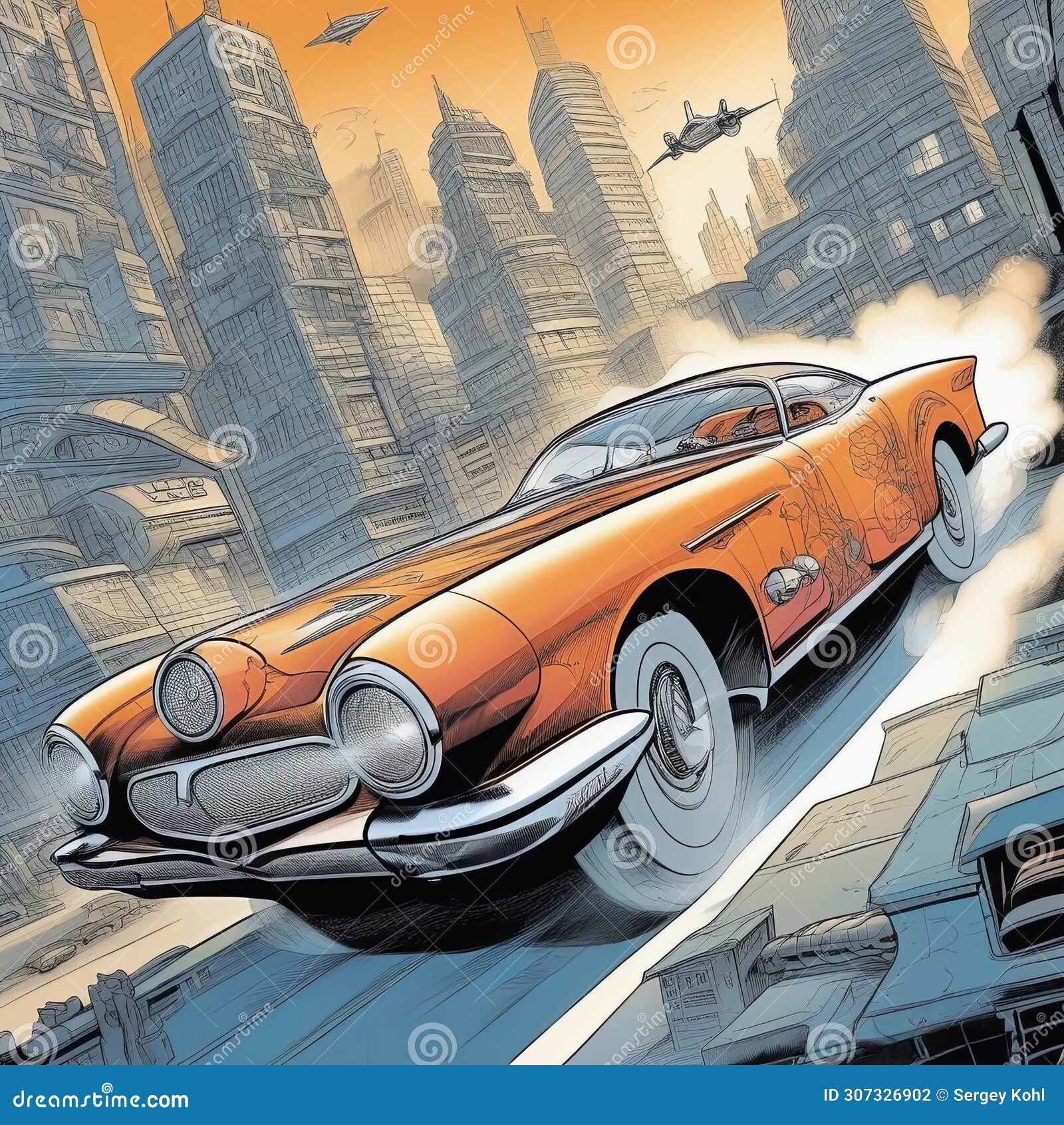 futuristic car in oldtimer (fictional) style against the backdrop of bright fantastic city streets.