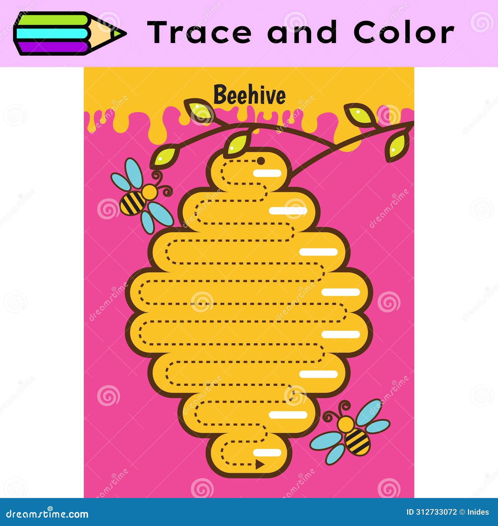 pen tracing lines activity worksheet for children. pencil control for kids practicing motoric skills. beehive