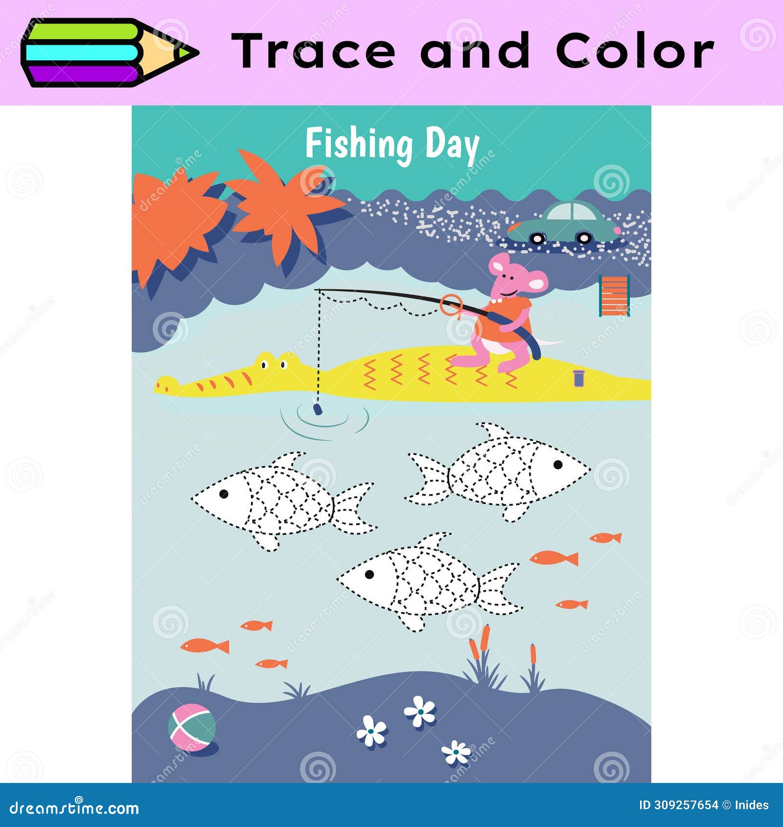 pen tracing lines activity worksheet for children. pencil control for kids practicing motoric skills. fishing day