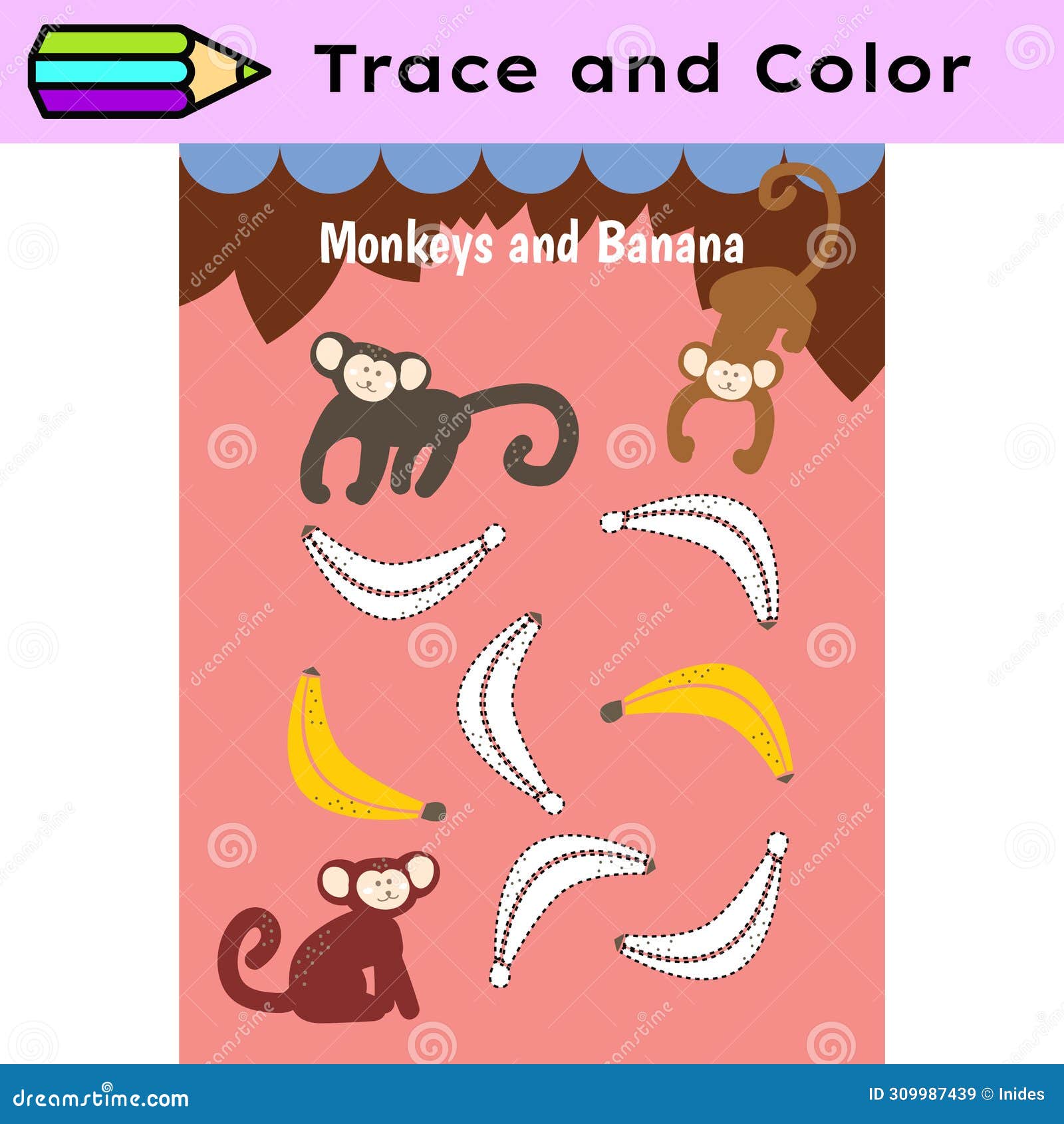 pen tracing lines activity worksheet for children. pencil control for kids practicing motoric skills. monkeys