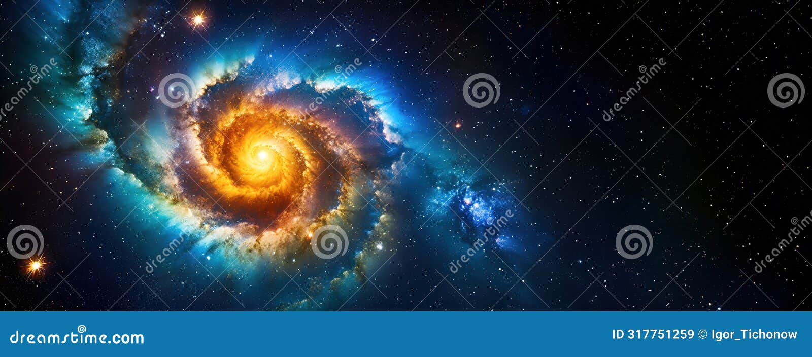 spiral galaxy swirls in a dance of cosmic light. vibrant blues and oranges depict a celestial marvel.