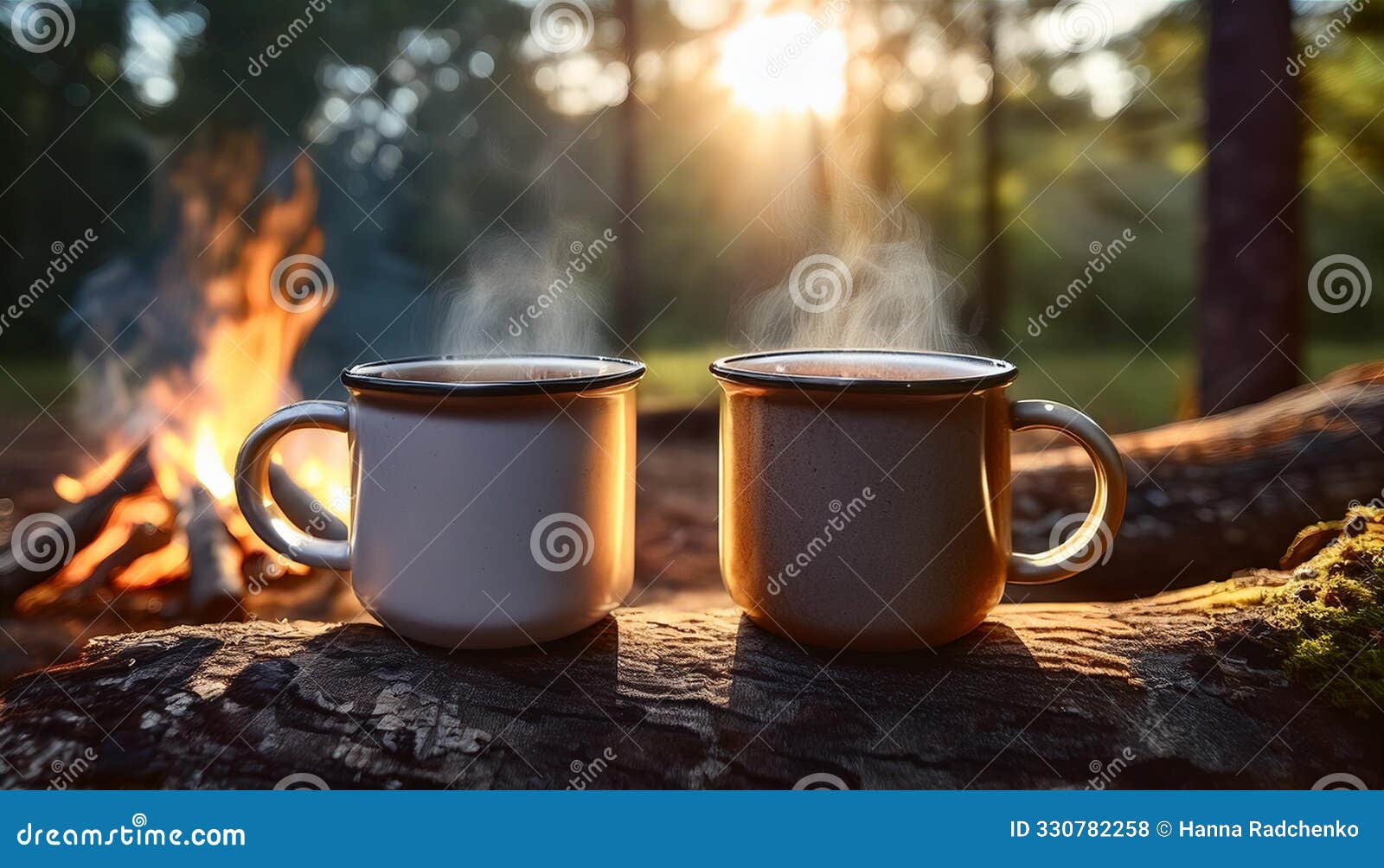 2 white campfire enamel coffee mug mockup river view. empty mug mock up for  promotion