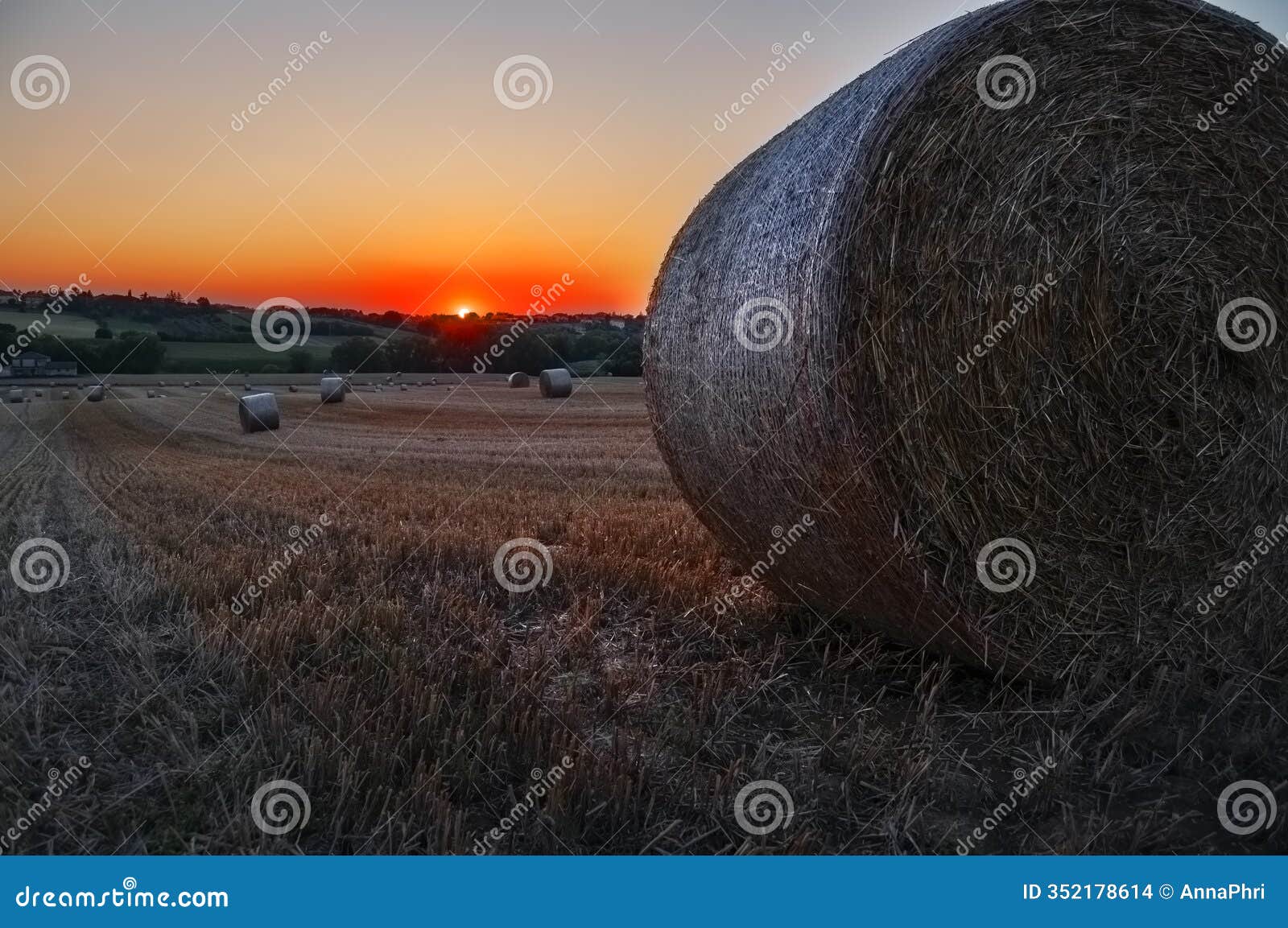 generated imageview of a sunset in a freshly cut wheat field with hay bales in italy.beautiful summer background