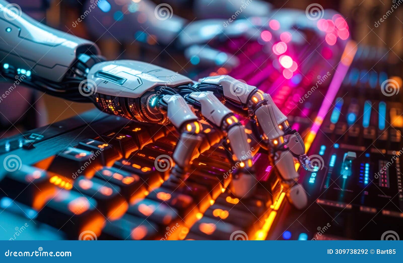 futuristic robotic arms engaged in cyber operations, typing rapidly on an illuminated keyboard, izing advanced