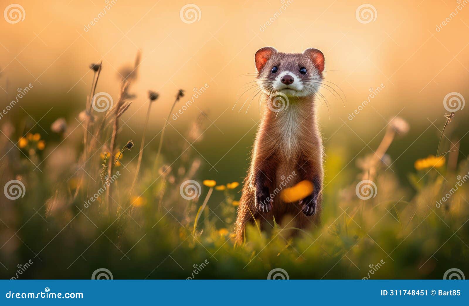 photo of mustelid a sleek and agile ferret captured in a moment of playfulness as it bounds across a verdant meadow in soft warm