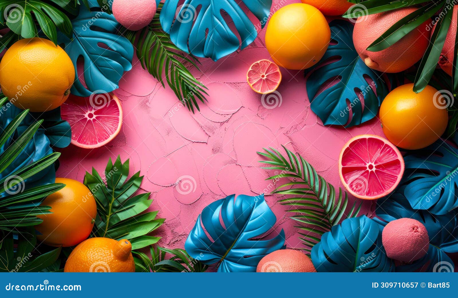 tropical citrus fruits and lush palm leaves arranged on a textured pink surface, creating a vibrant and fresh summer-themed