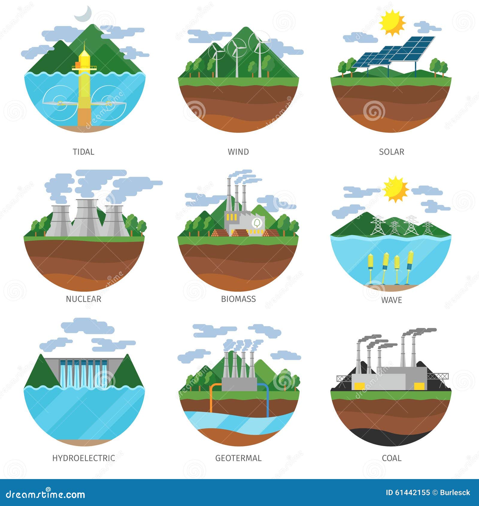 Generation Energy Types. Power Plant Icons Vector Stock Vector - Image 