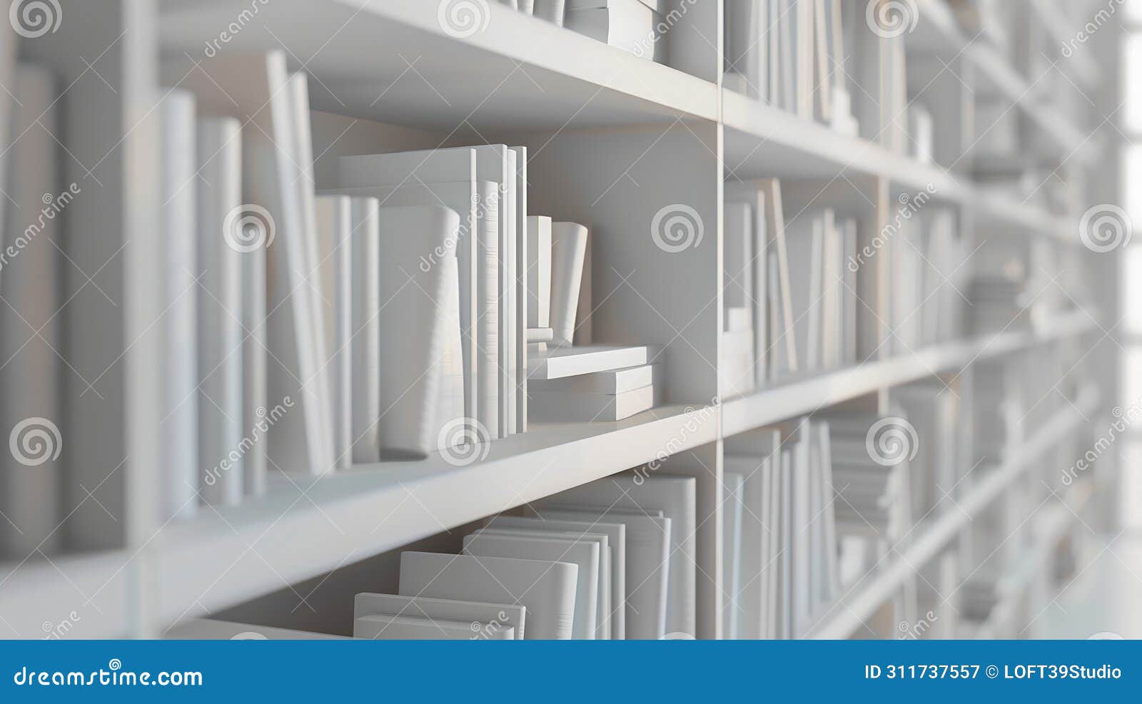 generative ai abstract blurred modern white bookshelves with books manuals and textbooks on bookshelves in library