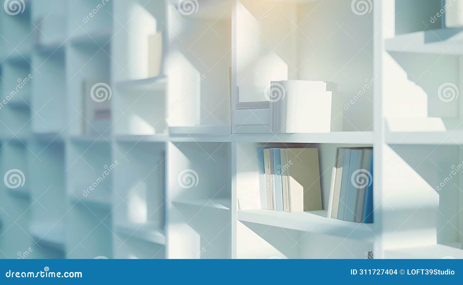 generative ai abstract blurred modern white bookshelves with books manuals and textbooks on bookshelves in library