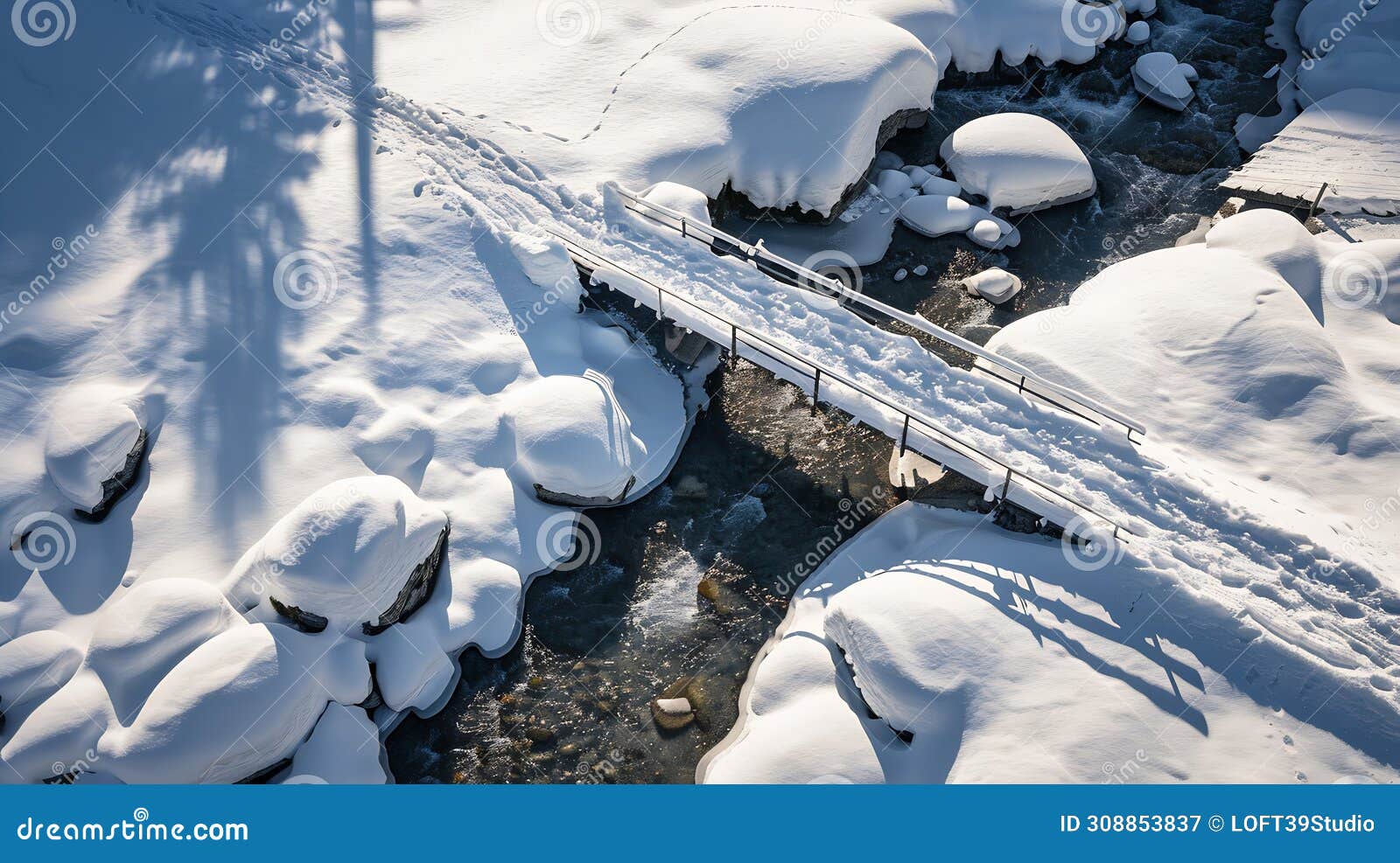 generative ai aerial view of a footbridge crossing a small stream with snow in wintertime troistorrents valais swi