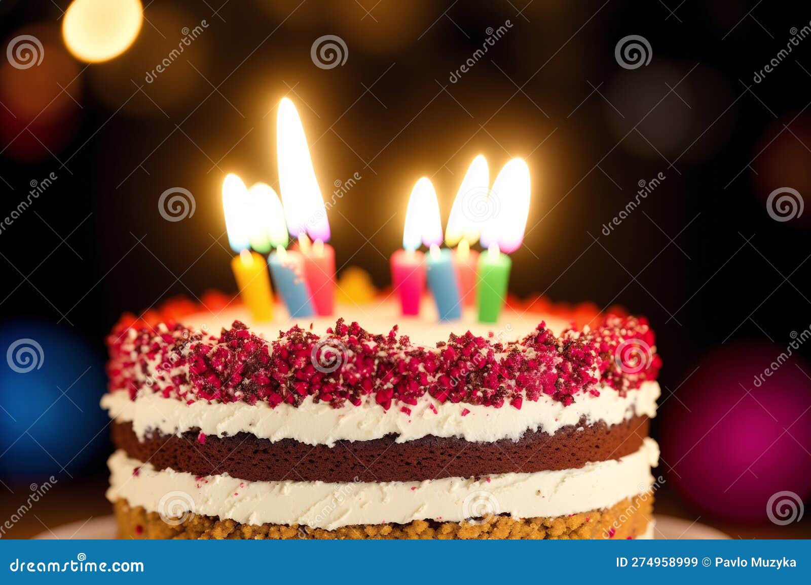 birthday cake with candles, balloons and confetti on the table. generative ai