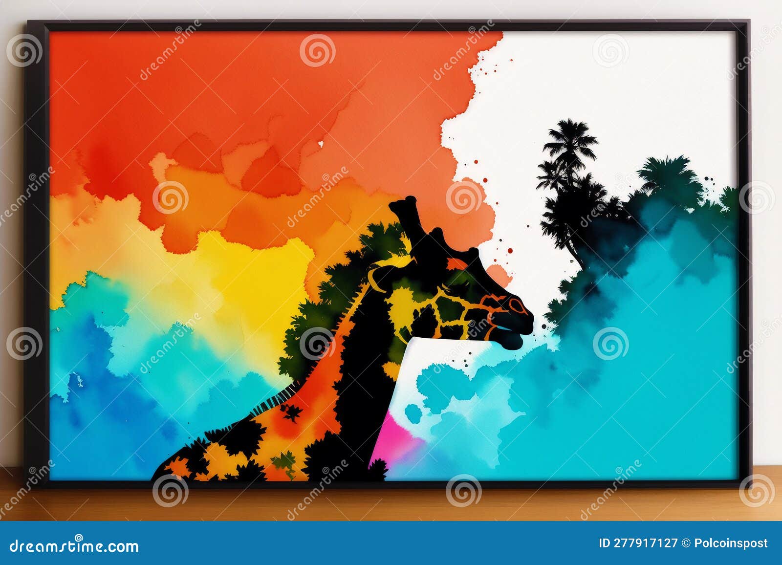 a colorful painting of a giraffe on abstract watercolor background. watercolor paint. generative ai