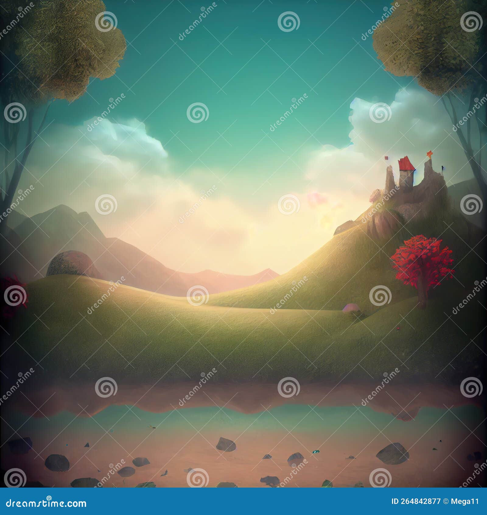 generative ai: beautiful meadow with small house in the middle
