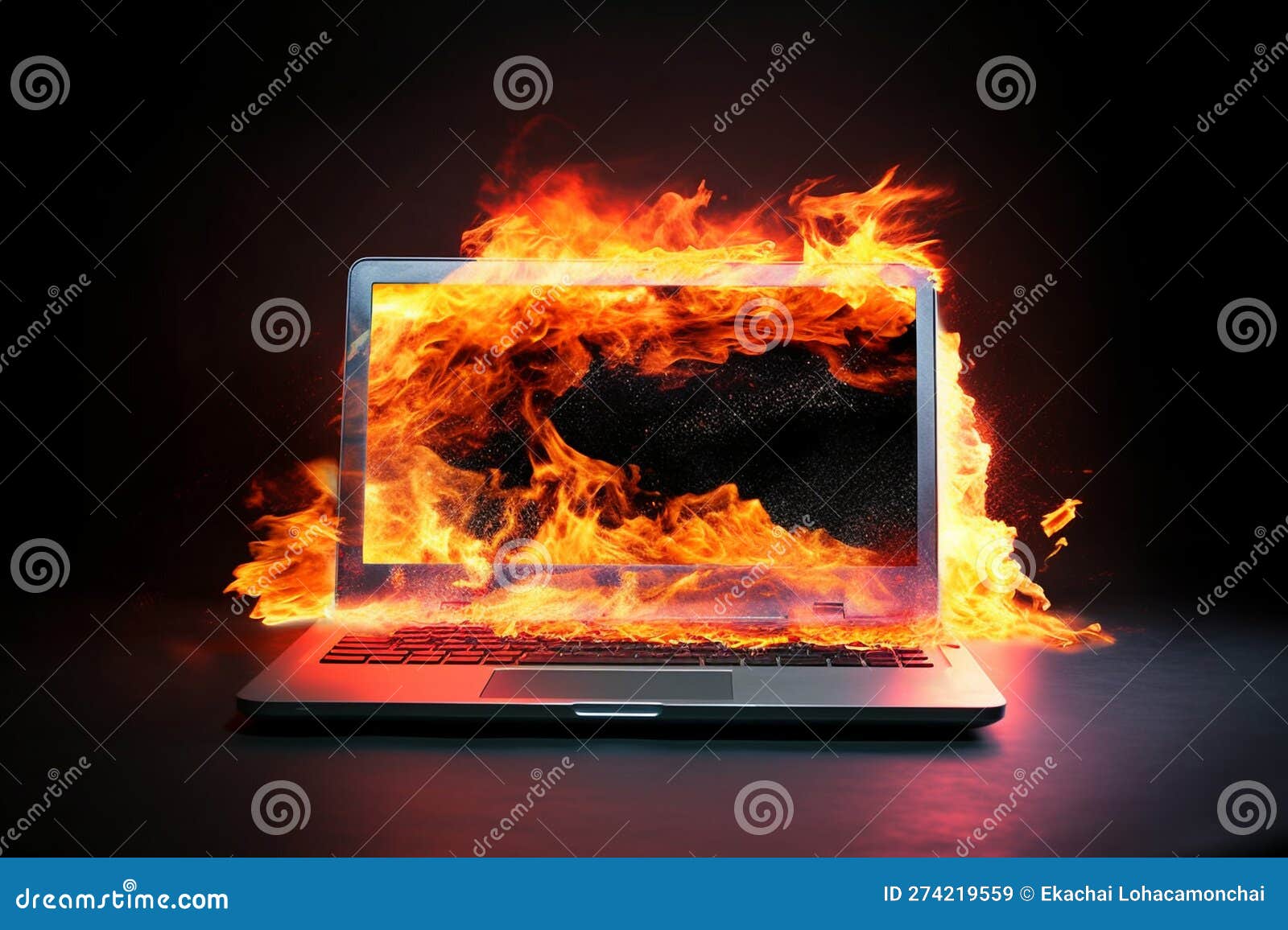 Generative Ai. Burning Computer Notebook Technology Failure and Data