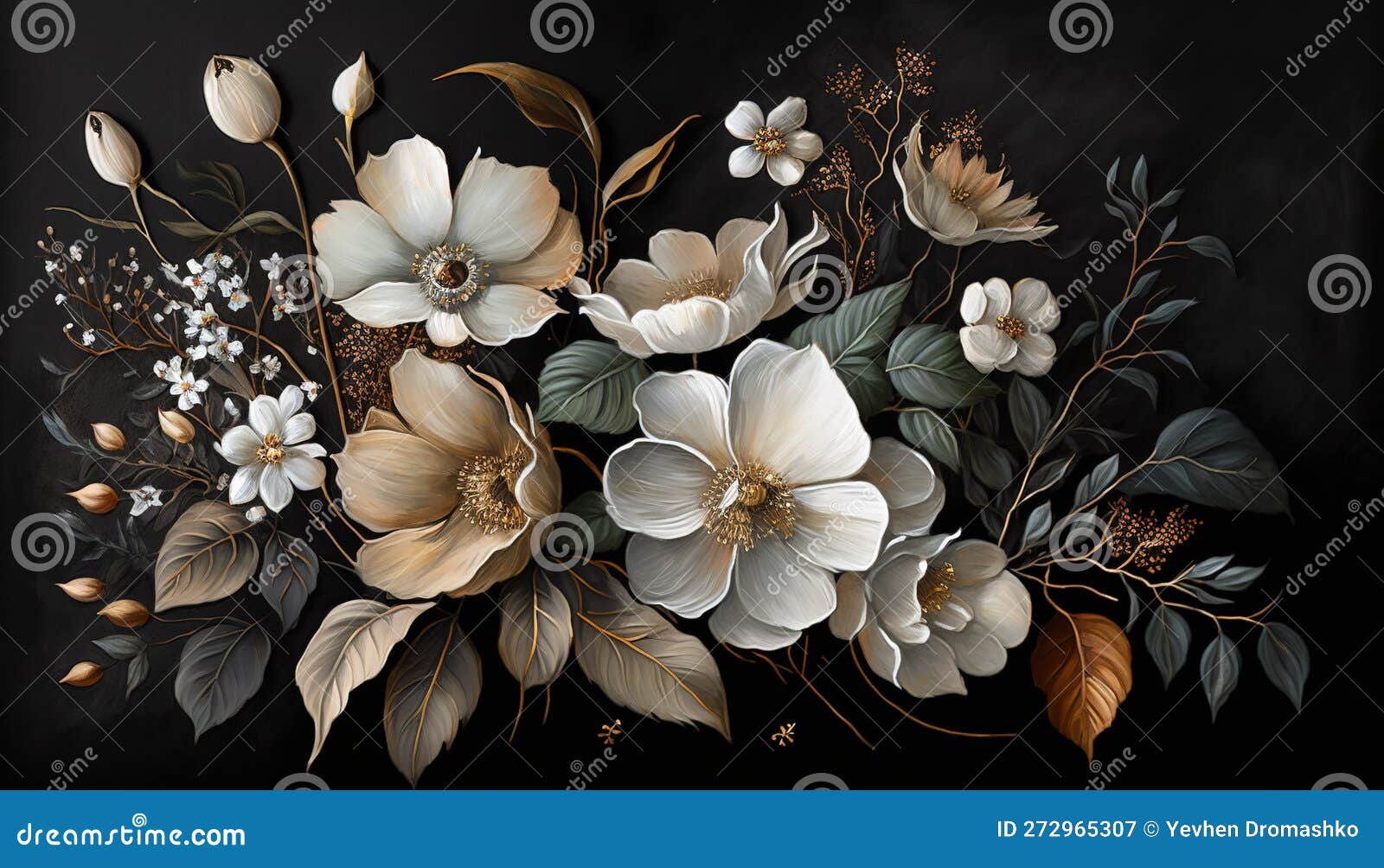 generative ai, close up of blooming flowerbeds of amazing white and golden flowers on dark moody floral textured background.