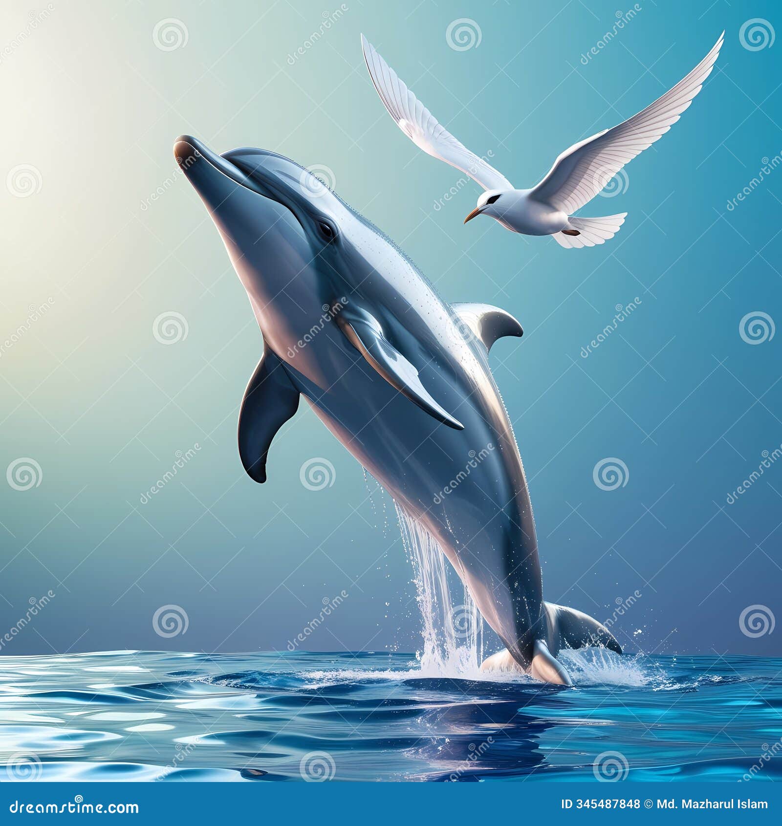 dolphin with a bird flying overhead.