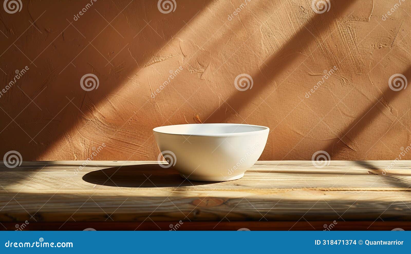 generative ai empty bowl on wooden table and bright brown wall background composition with leaves shadow on the wa