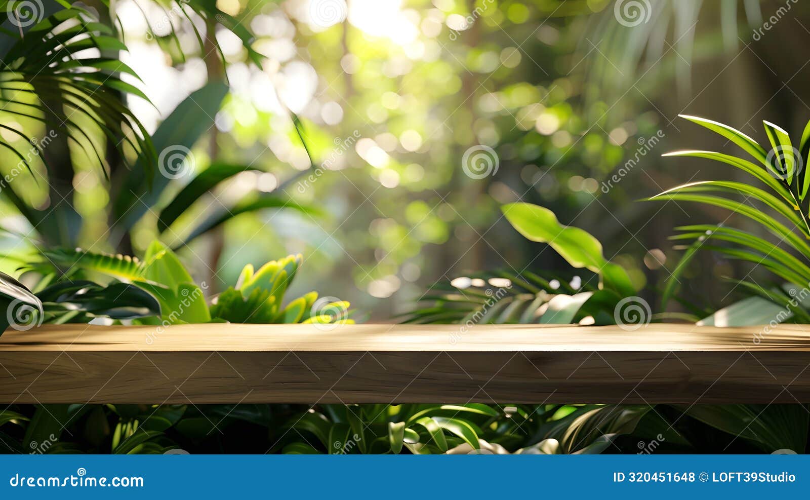 generative ai empty table top wooden counter podium in outdoor tropical garden forest blurred green plant backgrou