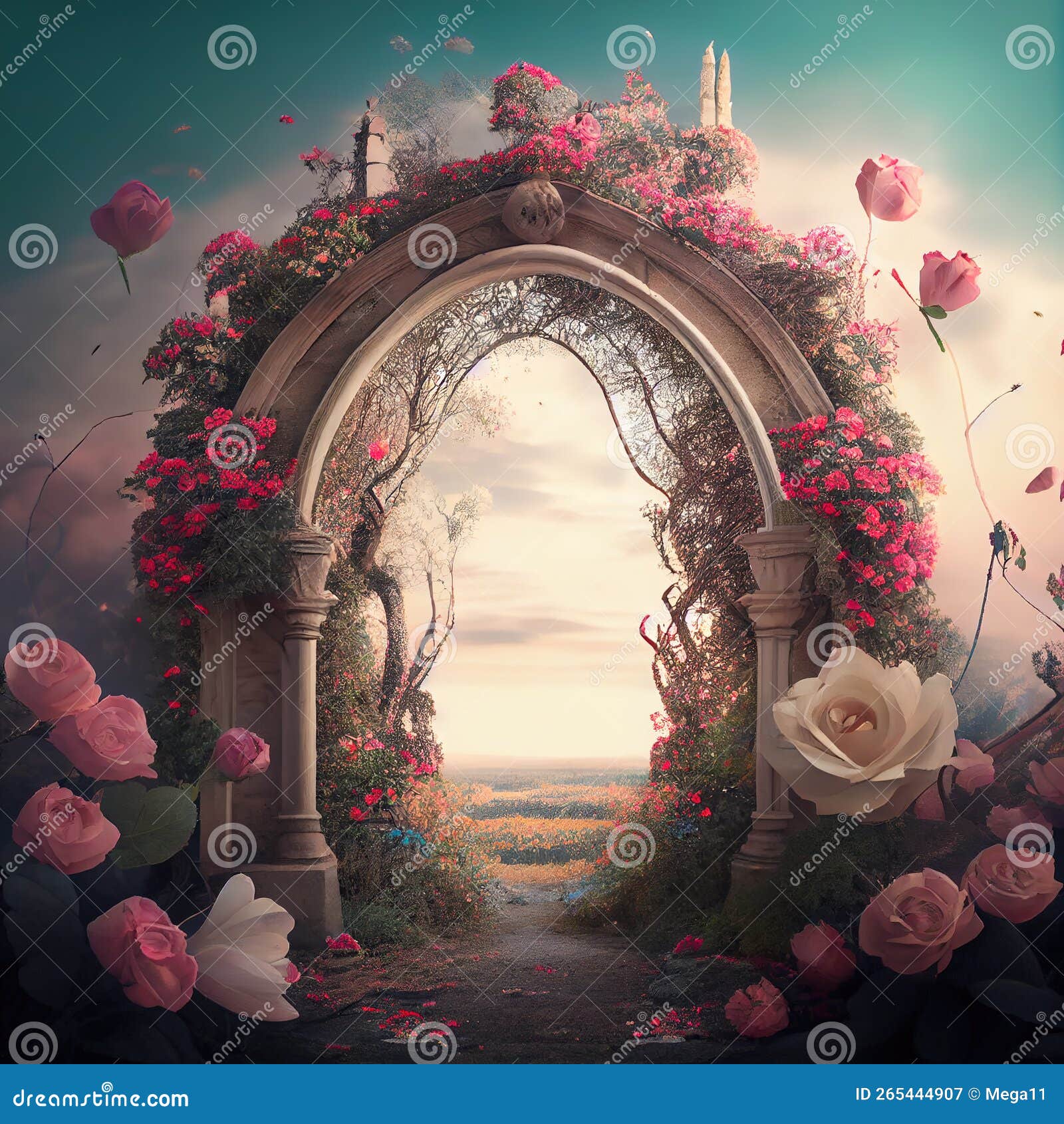Generative AI Enchanted Fairy Tale Arch with Flowers Stock