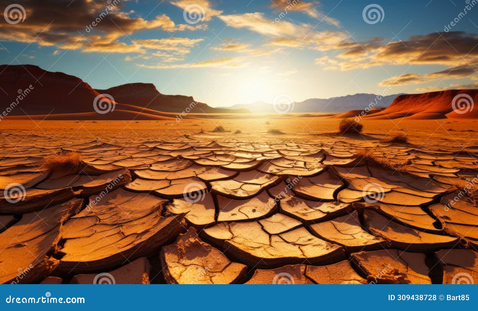 expansive desert landscape with cracked earth foreground leading to rolling sand dunes under a golden sunrise, izing aridity