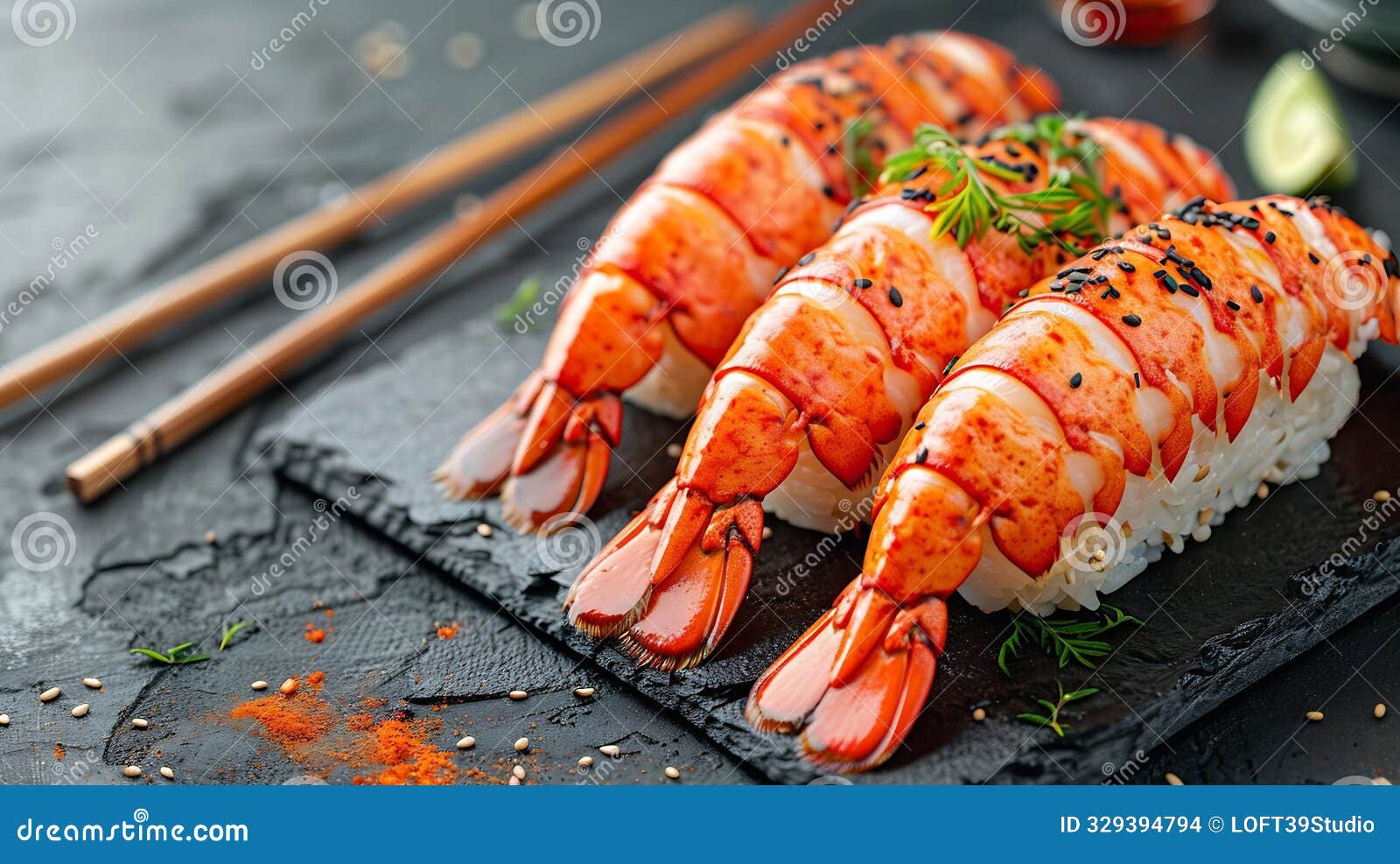 generative ai explore culinary art with three uncooked lobster tails elegantly displayed alongside chopsticks and