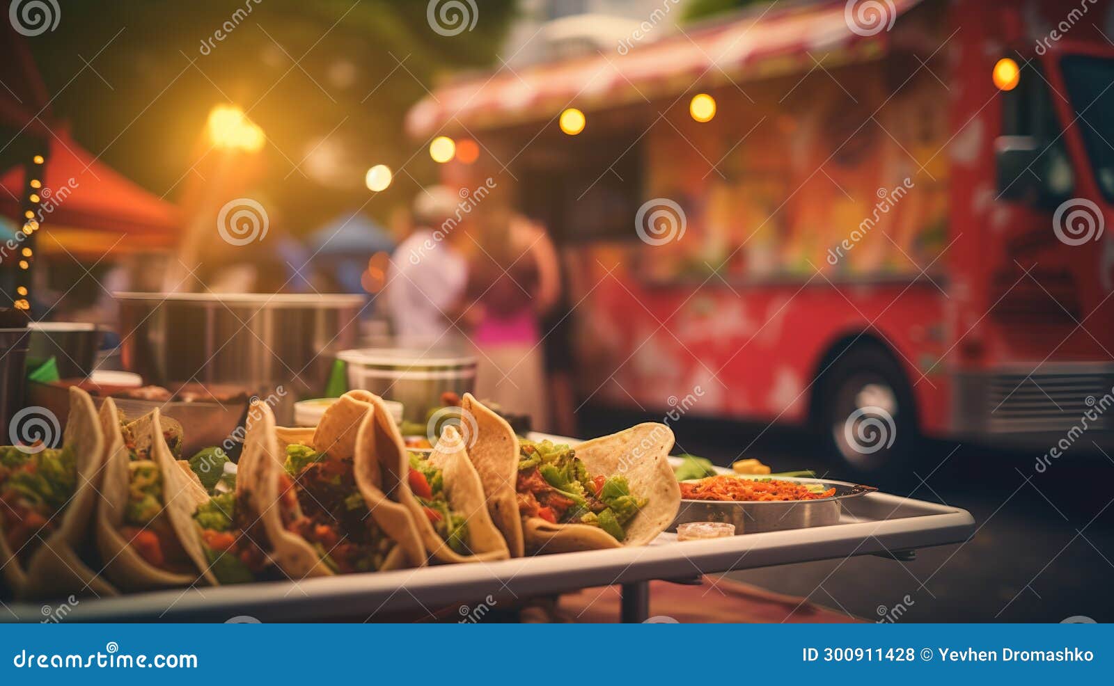 generative ai, food truck street festival, blurred lights background