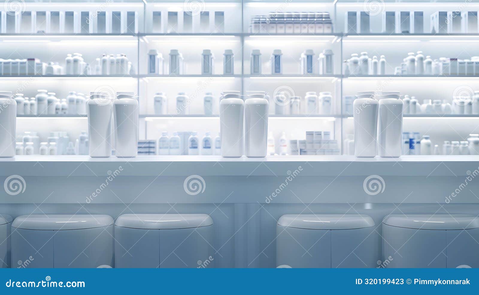 generative ai four empty without visitors clients staff cash point desks at pharmacy drugstore chemists store with