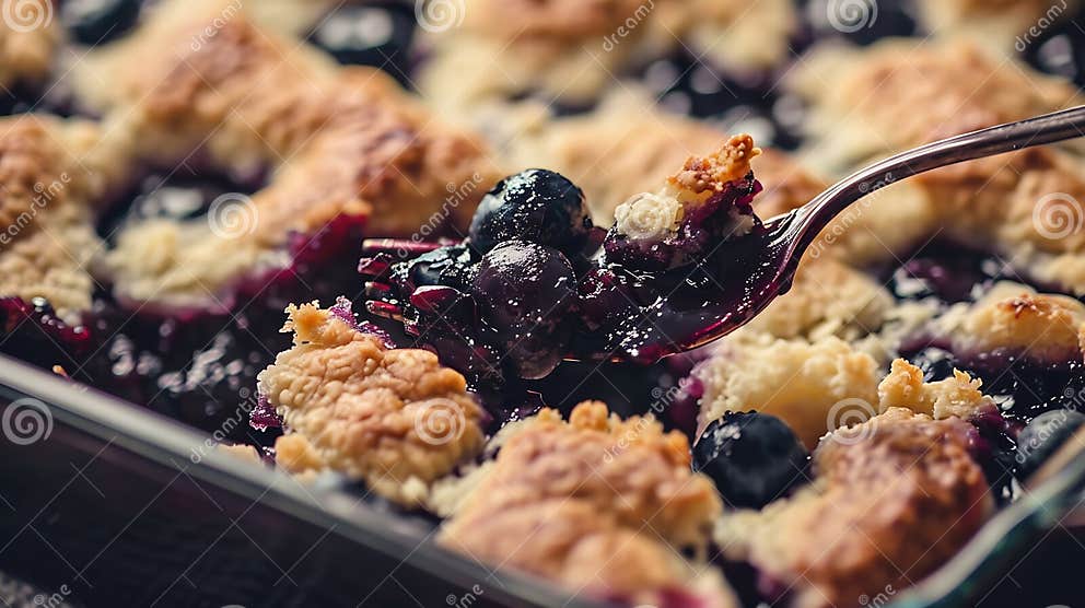 Generative AI Fresh Baked Blueberry Cobbler in a Baking Dish with Fork ...