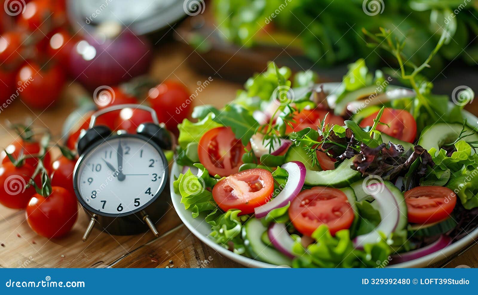generative ai fresh healthy salad with an alarm clock for the concept of food time management diet and heathy eati