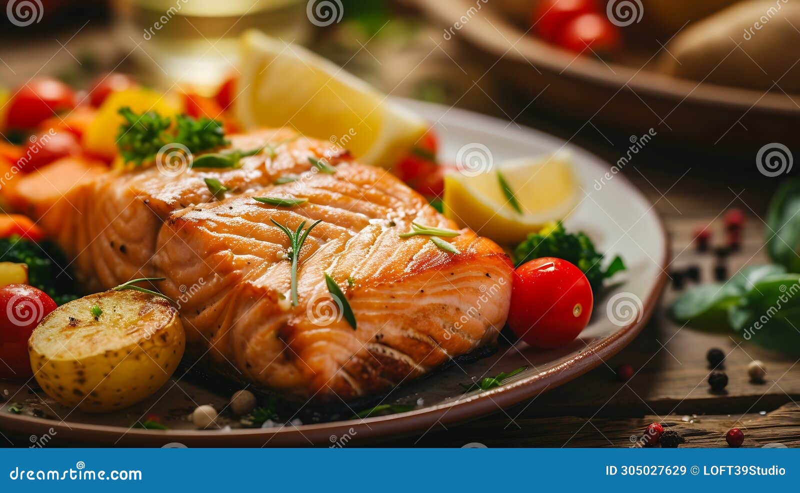 Generative AI Fried Salmon Steak with Potatoes and Vegetables on Wooden ...