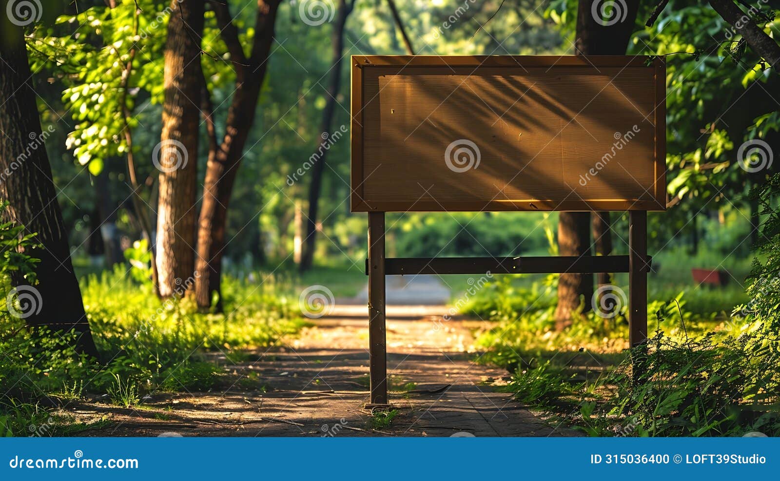generative ai front view of a wooden advertisement mockup at a green forest park park indications and regulations