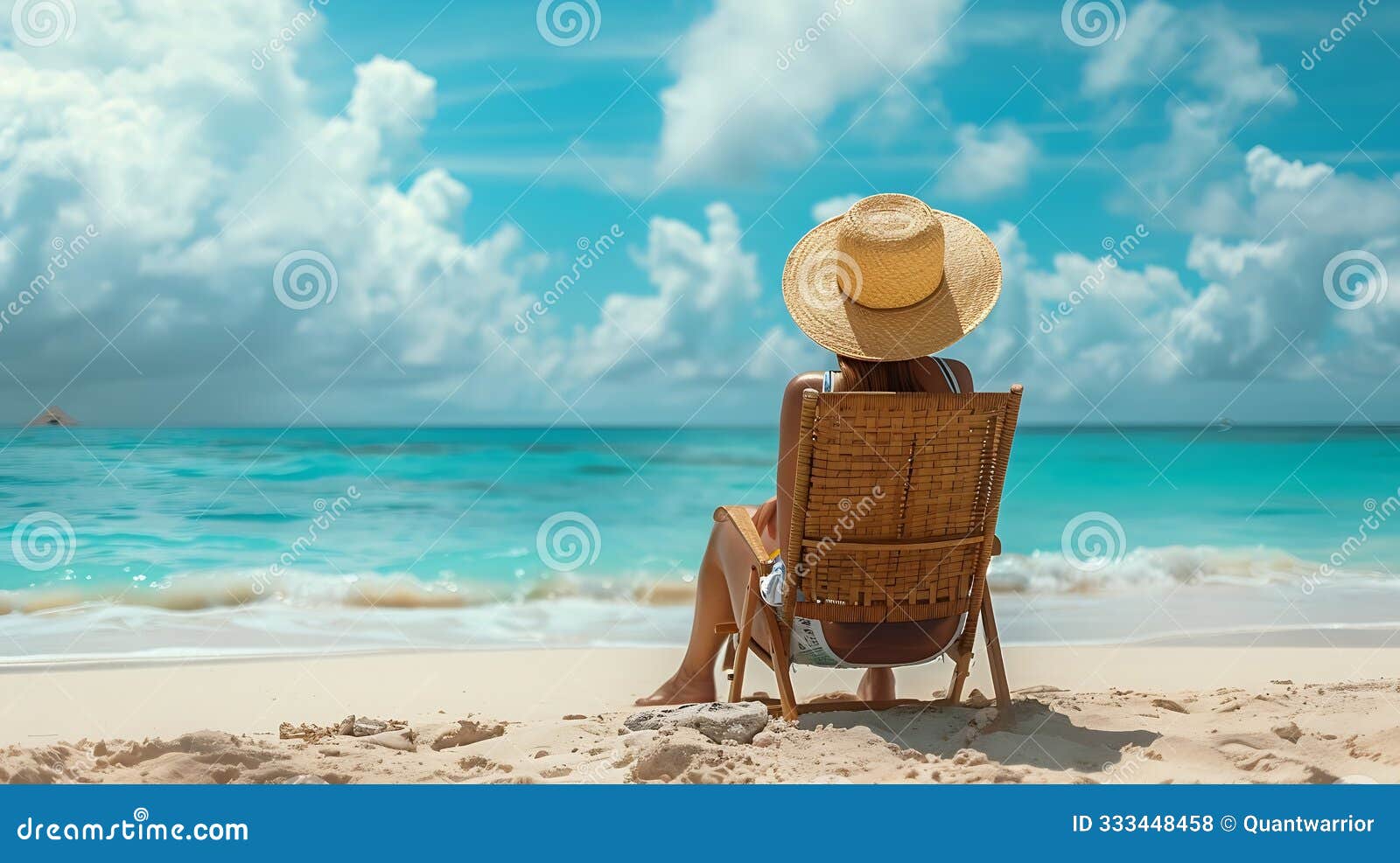 generative ai happy picnic and woman on chair at beach to relax on holiday or vacation in summer luxury travel and