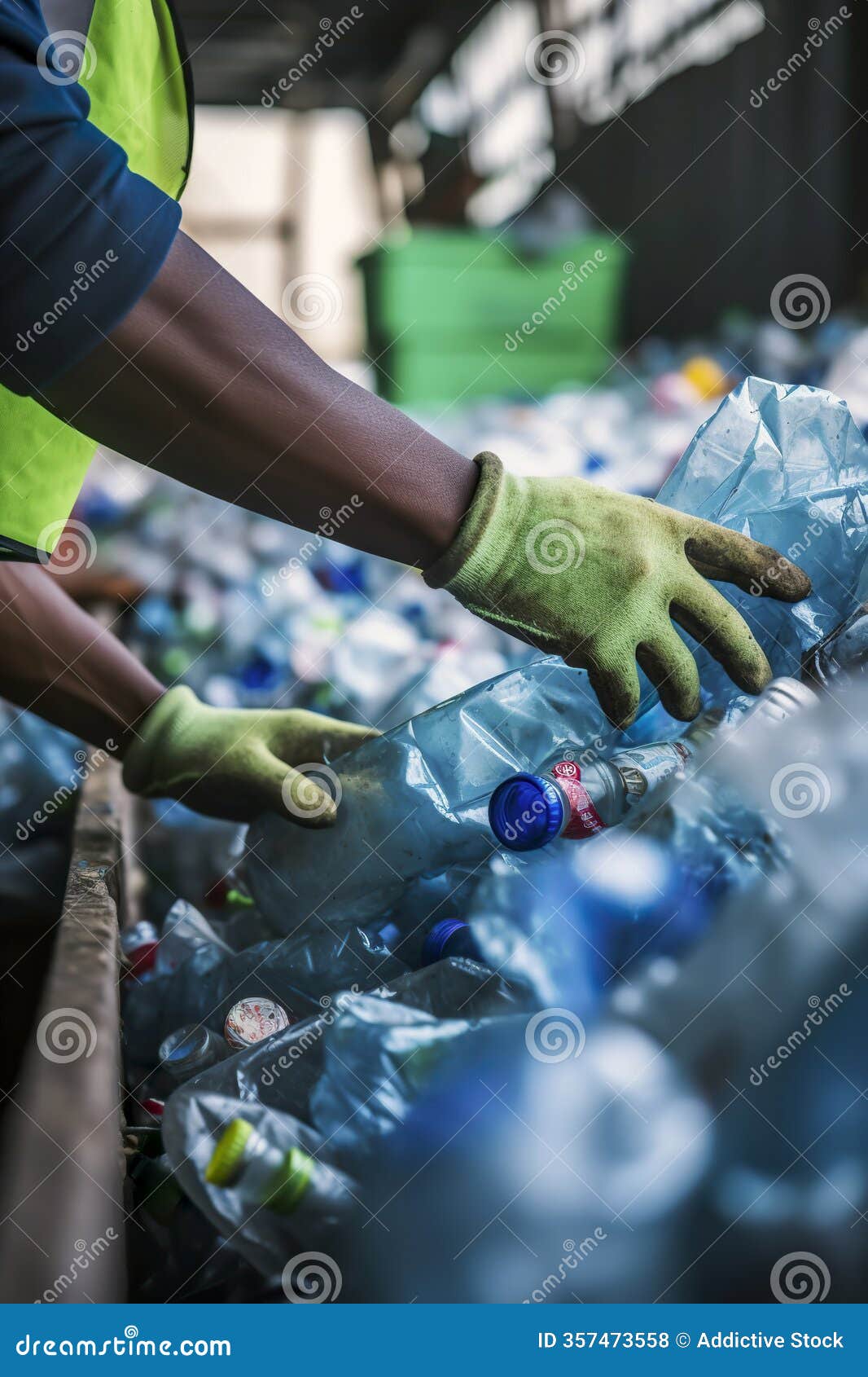 generative ai  of an anonymous black recycling worker, clad in a high-visibility vest and protective gloves,