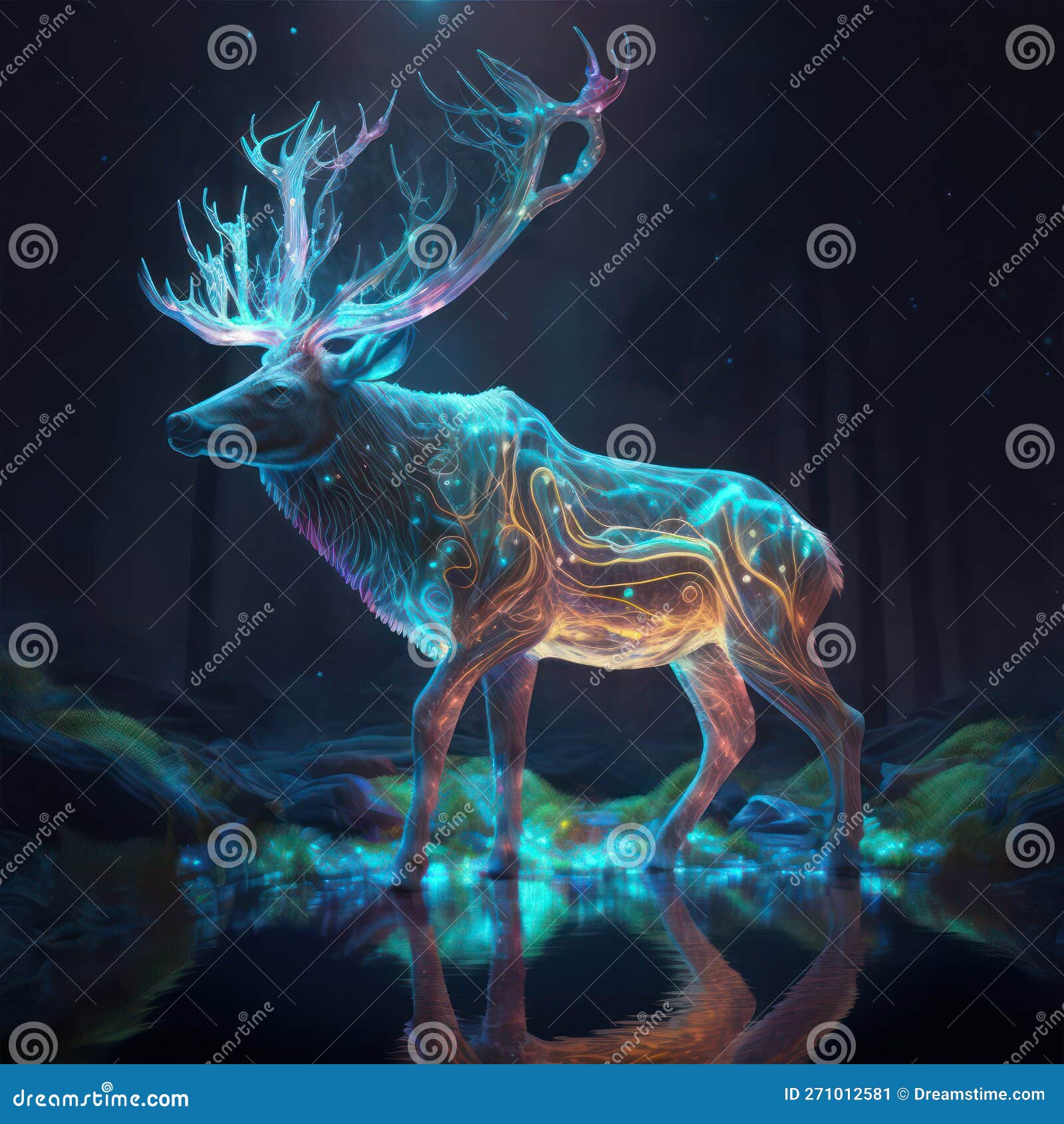 generative ai  of beautiful abstract phantasmal irridescent polygonal image of red deer stag portrait with glowing