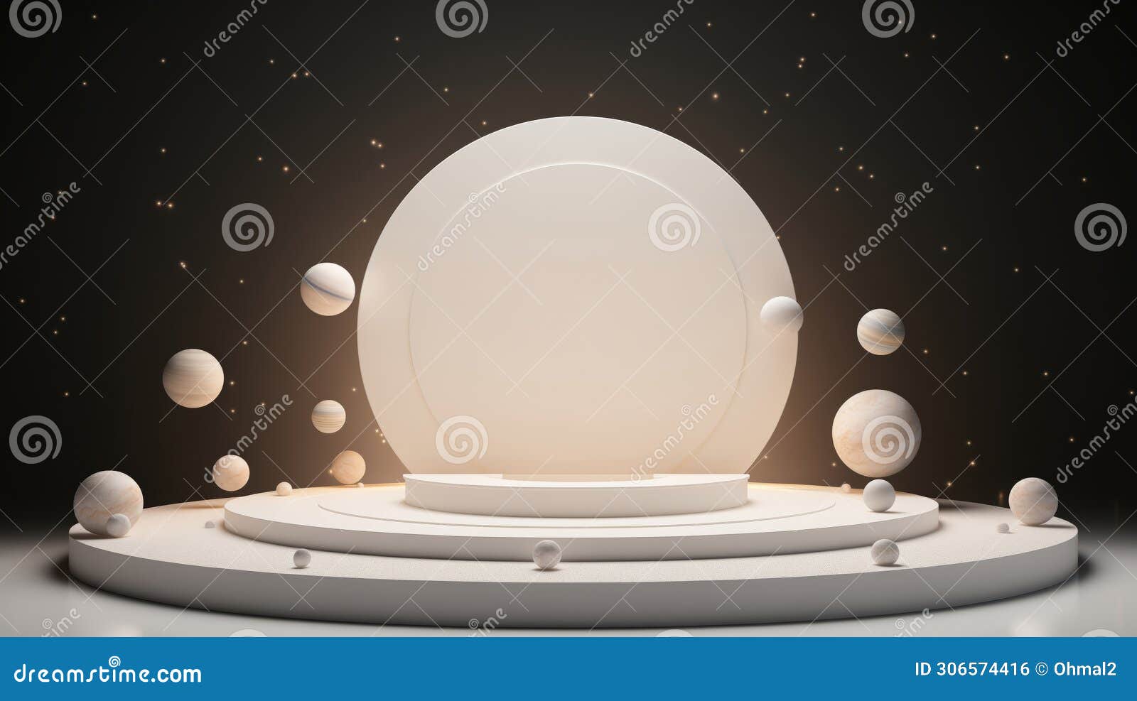 generative ai  an empty white podium against the backdrop of dark orandge outer space. for product display