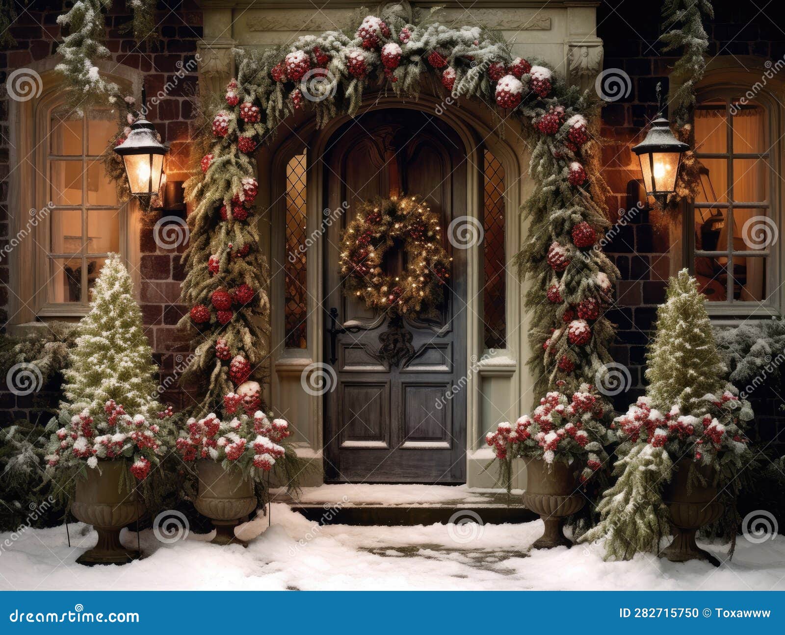 generative ai  of entrance door decorated with christmas wreath red bows and baubles in winter time