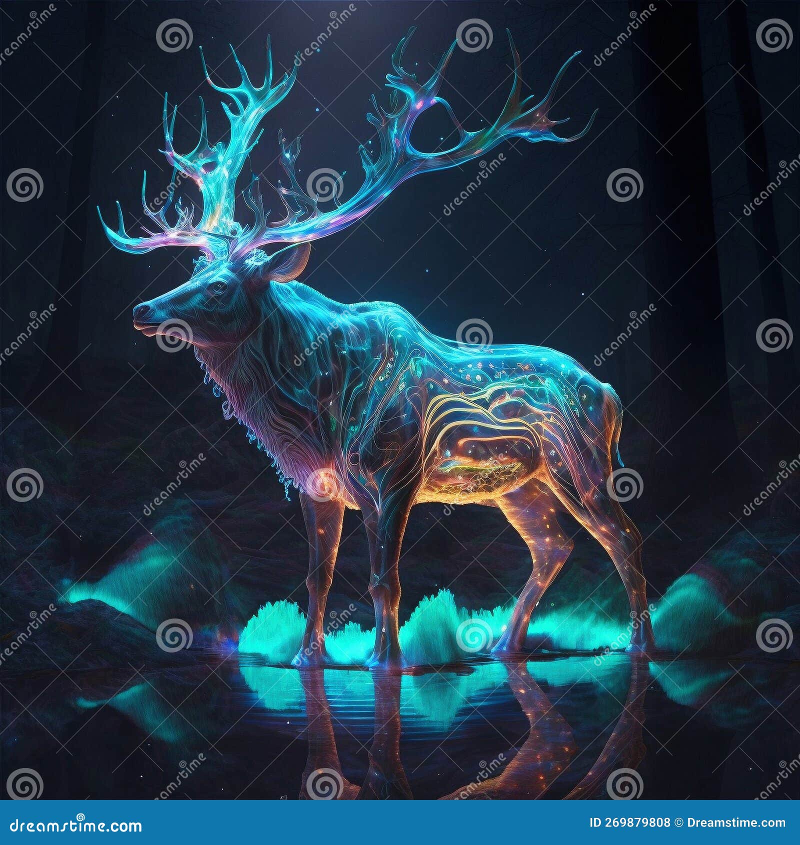 generative ai  of irridescent vibrant red deer stag with antlers in woodland