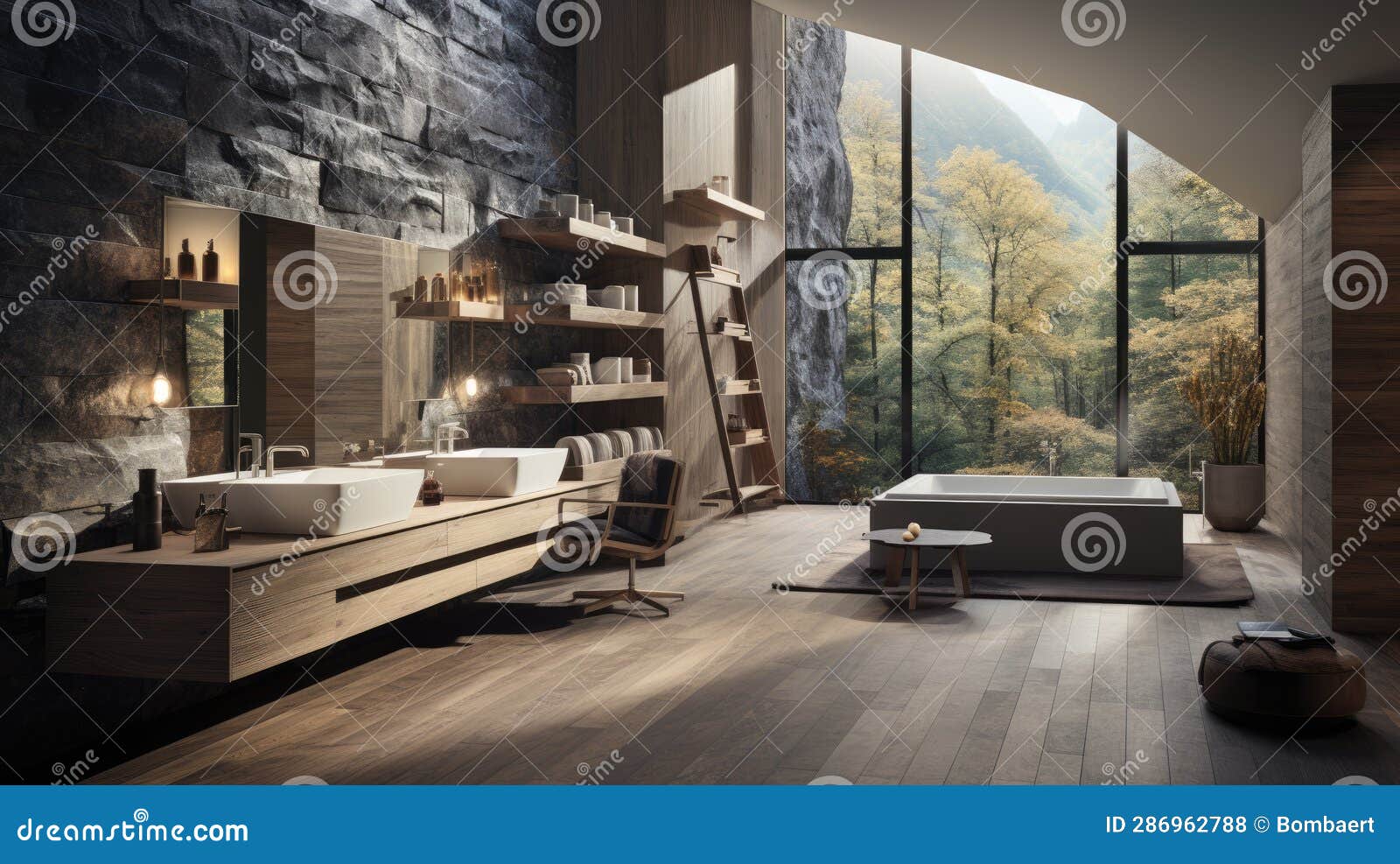 Generative Ai Illustration of Light Timber and Stone Finish Bathroom