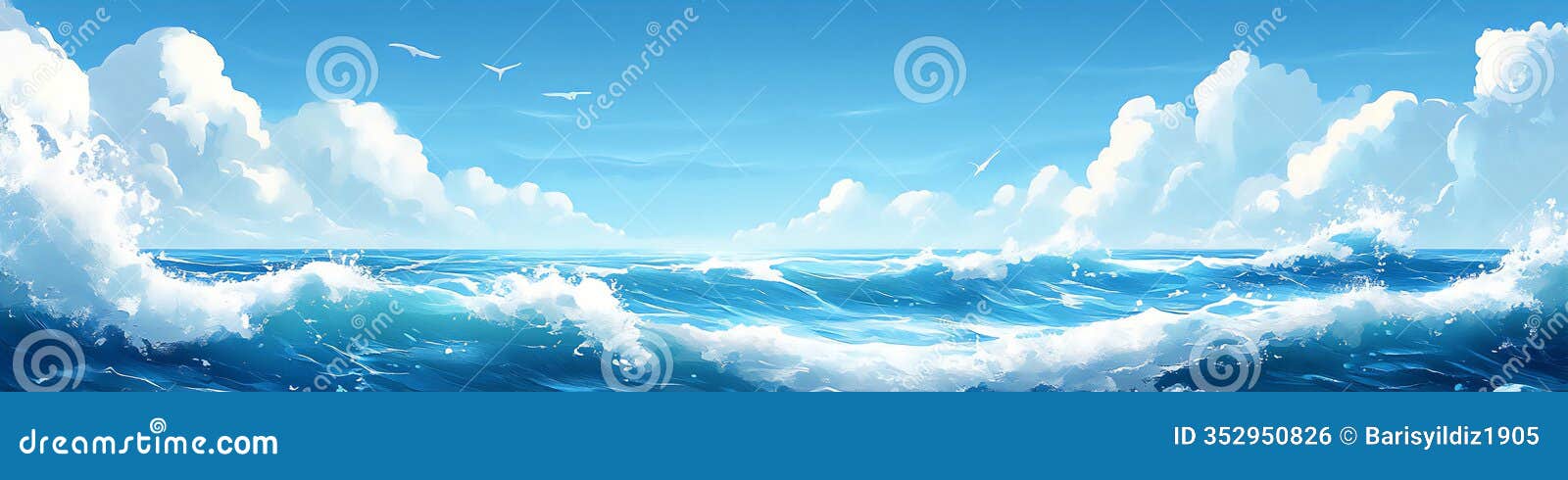rolling ocean waves with white foam under a bright blue sky and fluffy white clouds